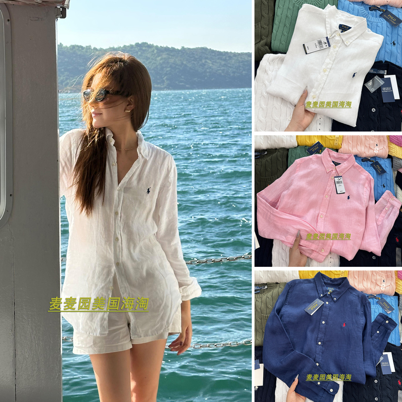 Ralph Lauren Classic American Version Linen Polo Long-Sleeved Shirt for Older Children, Women's Shirt