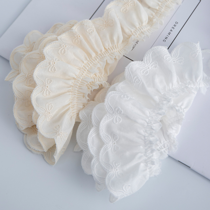 Apricot-Colored Pure Cotton Lace with Floral Bow, Cotton Pleated Ruffle, Century-Old Pleats, Ruffled Edge Clothing Lace Trim