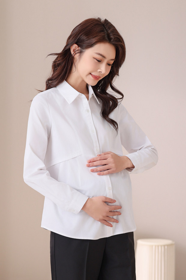 Maternity Professional Shirt, Loose-Fitting Workwear, Short White Top, Ol Blue Spring and Autumn Long-Sleeve Interview Work Shirt — 7