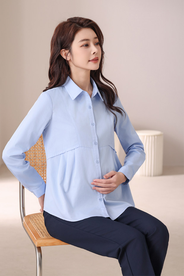 Maternity Professional Shirt, Loose-Fitting Workwear, Short White Top, Ol Blue Spring and Autumn Long-Sleeve Interview Work Shirt — 10