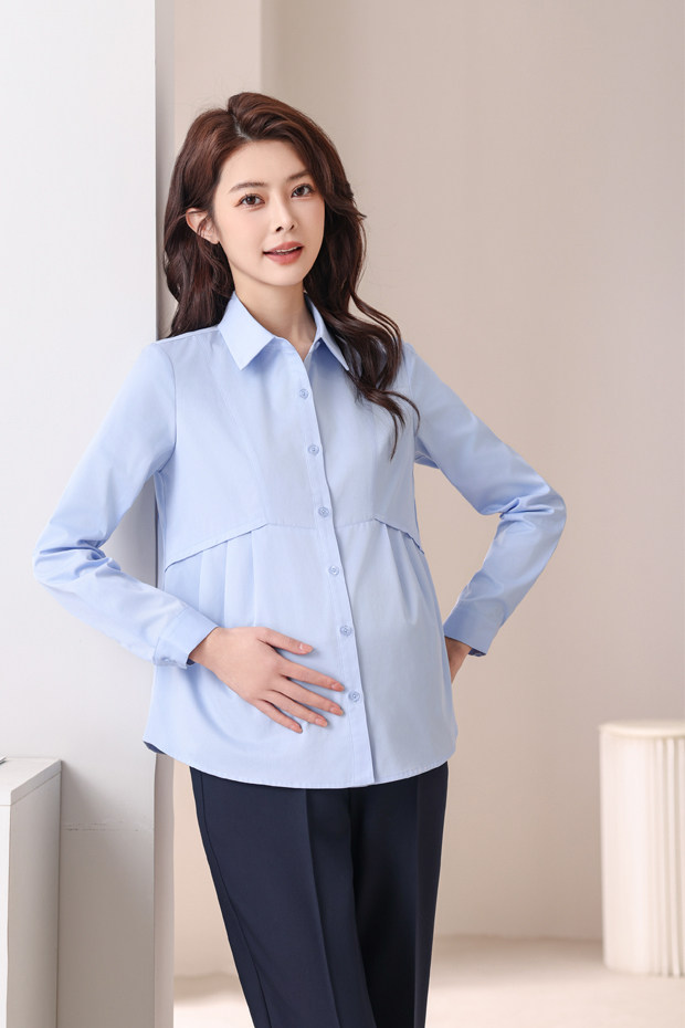 Maternity Professional Shirt, Loose-Fitting Workwear, Short White Top, Ol Blue Spring and Autumn Long-Sleeve Interview Work Shirt — 15