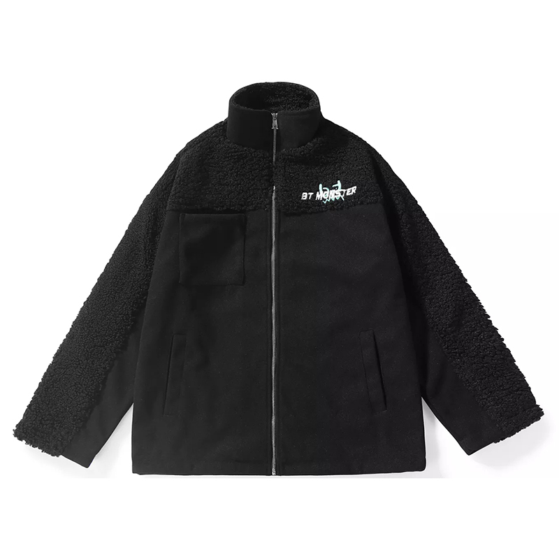 Authentic Bt Color-Blocked Letter Embroidery Drop-Shoulder Multi-Pocket Teddy Fleece Jacket for Men