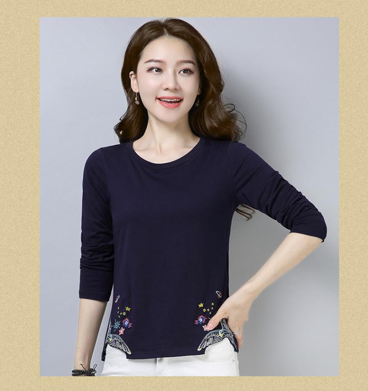 Áo thun cotton dài tay đơn mặc ngắn mặc đẫm máu nghỉ ngơi quần áo mùa thu chạm đáy áo sơ mi nữ trung niên áo kiểu trung niên u50