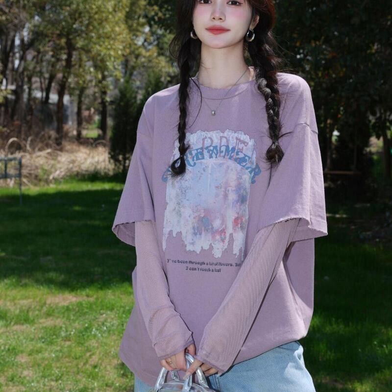 Pure Cotton Loose-Fitting Purple Sweet Two-Piece Style Printed Short-Sleeve T-Shirt for Women, Lazy Style Round Neck Sun-Protective Long-Sleeve Top ins Pure Cotton Loose-Fitting Purple Sweet Two-Piece Style Printed Short-Sleeve T-Shirt for Women, Lazy Style Round Neck Sun-Protective Long-Sleeve Top ins
