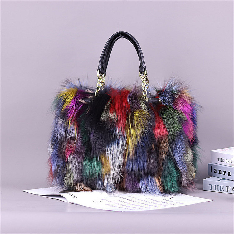 Women's Colored Real Fox Fur Handbag Real Leather Bag Cowhide Tote