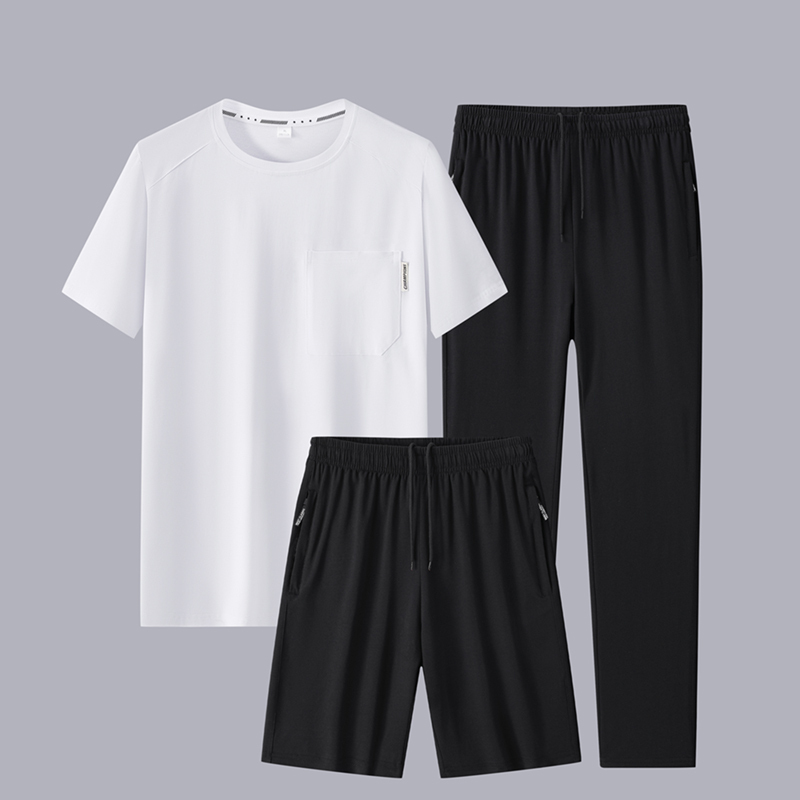 M-8Xl Pure Cotton Casual Suit Men's Summer Thin Breathable Short-Sleeved T-Shirt and Long Pants Outdoor Sportswear Three-Piece Set