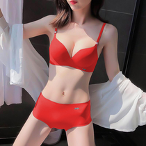 Wedding red underwear womens suit ladies small chest gathered no steel ring bra sexy no trace bra pants one piece