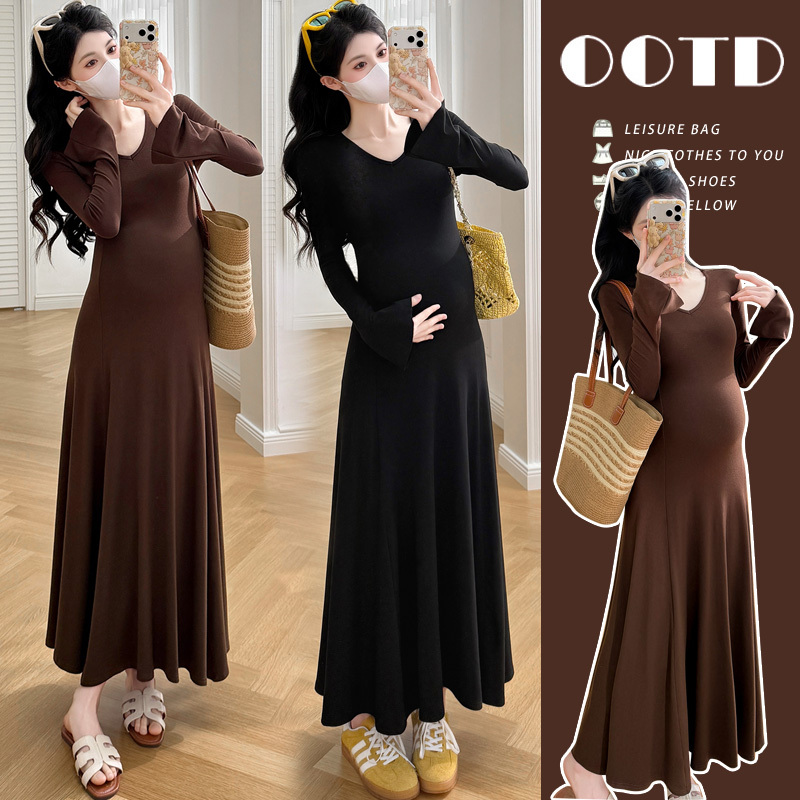 French-Style Long Dress for Pregnant Women 2026 Fashionable and Elegant Maternity Wear Spring New Style Beautiful Dress for Pregnant Women Stylish Dress