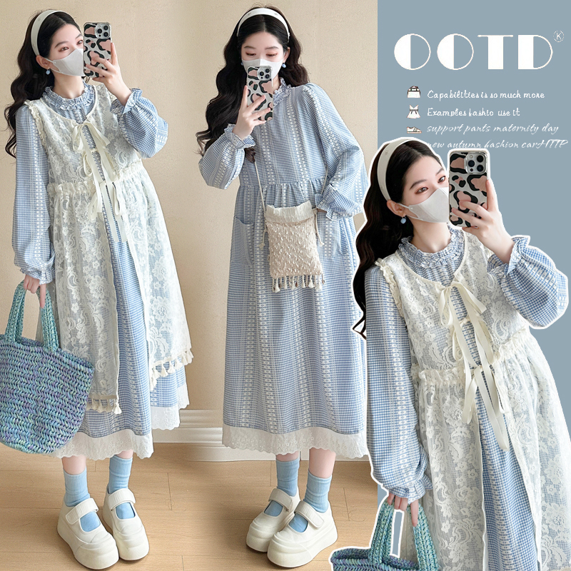 Spring and Autumn Fashion Lace Embroidery Printed Blouse + Loose Dress Gentle Style Maternity Set Spring and Autumn Fashion Lace Embroidery Printed Blouse + Loose Dress Gentle Style Maternity Set