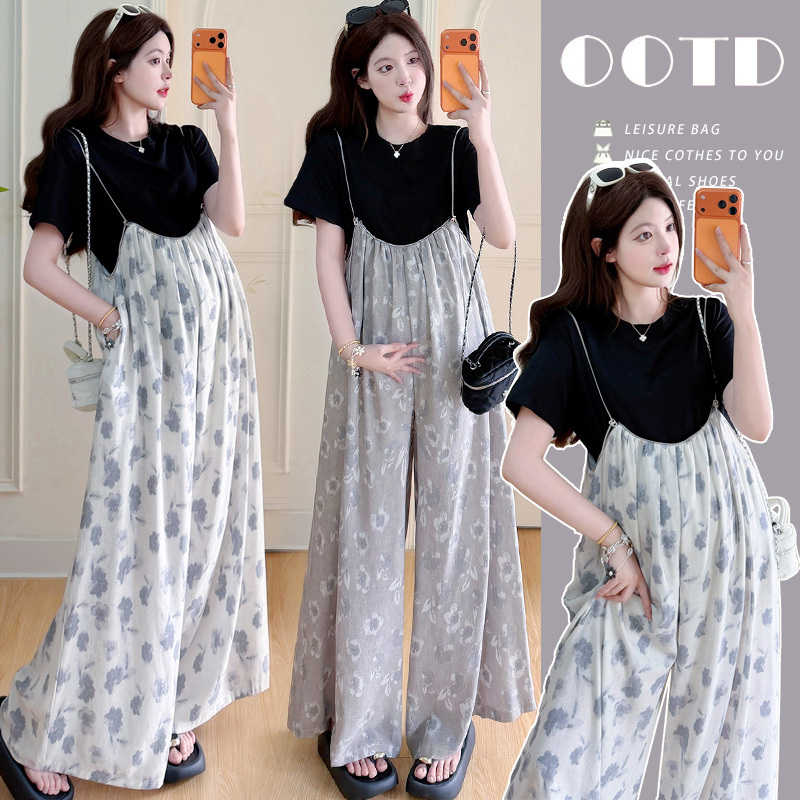 French-Style Outfits for Pregnant Women, New Summer Style, Casual Overalls + T-Shirt Top, Lazy Style Maternity Suit, Trendy