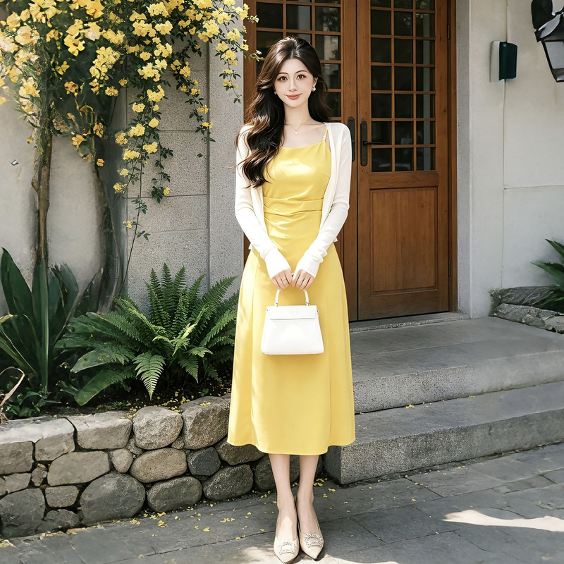 [Zhang Xiaoxiao] "Pear-Shaped Tiancai" [No Zipper] [Yellow] [Two-Piece Set] Camisole Cardigan 6904
