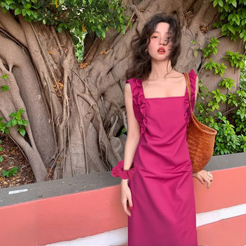 Dragon Fruit Color Sleeveless Suspender Dress 2026 Spring New Style French Square Collar Slimming A-Line Dress 1455