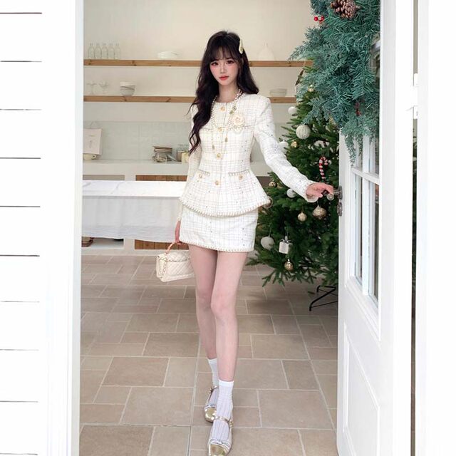 Lined Fabric Comes with a Brooch 2026 Spring New Style Small Chanel-Style Suit Woven Sequin Jacket and Skirt Two-Piece Set Hy0132
