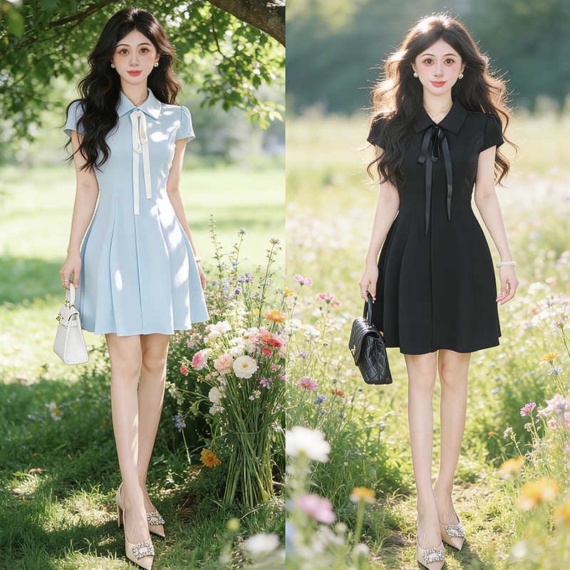 [Zhang Xiaoxiao] [Blue] Comes with a Ribbon to Cinch the Waist and Make You Look Slimmer, Polo Collar Dress, Slim-Fitting Little Black Dress D3051