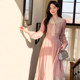 2026 Spring New Women's Dress French Long Sleeve Dress Pastoral Style Versatile Waist Long Dress Pink D0371
