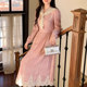 2026 Spring New Women's Dress French Long Sleeve Dress Pastoral Style Versatile Waist Long Dress Pink D0371