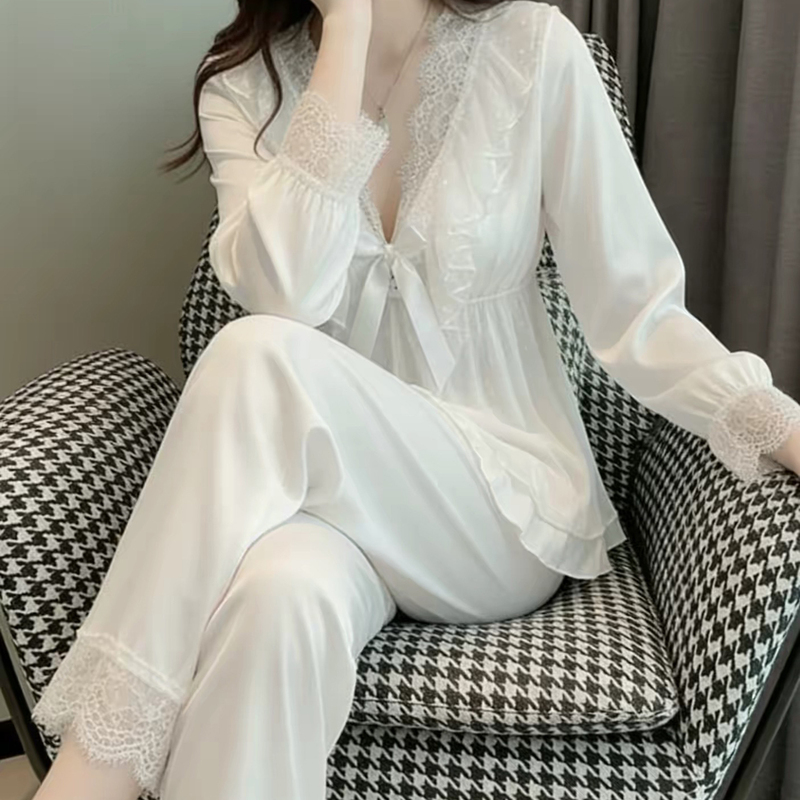 2026 Spring/Summer New Palace Style Padded Pajamas for Women, Lace Trim Sexy Homewear, Ice Silk Two-Piece Set