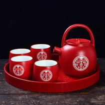 Chinese retro wedding red tea set simple festive supplies double joy teapot one pot six cups wedding tea cup