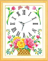 Flower basket clock cross embroidered 2022 new line embroidered clock alarm clock drawing room hand embroidered dining room decoration yourself embroidered small pieces
