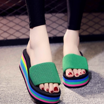 2019 new slippers women wear summer indoor household soft bottom black increased thick bottom high heel fashion wedge heel home