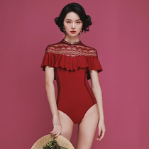  Hibiscus summer modified cheongsam Sexy bikini slim one-piece triangle gathered swimsuit Hot spring suit swimsuit