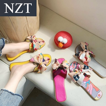  Satin floral bow H word with finger word slippers beach shoes seaside vacation flat with explosion cool drag