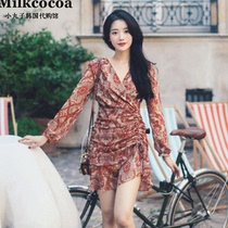 Korean official website milkcocoa February romantic elegant retro pattern long-sleeved V-neck side lace-up dress