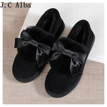 Black fur shoes rabbit fur peas shoes thick-soled plus velvet small black shoes flat-bottomed bowknot snow cotton womens shoes