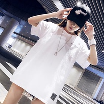 Hong Kong white t-shirt womens short-sleeved medium-length loose hip-covering half-sleeve net red casual top hip-hop bf wind ins tide