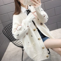 Autumn 2021 new color jacquard cardigan female outerwear lazy wind spring and autumn jacket knitwear foreign style