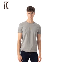 SK men sashimi knit round neck T-shirt man short sleeve pure color embroidery LOGO hit bottom body shirt Summer up T