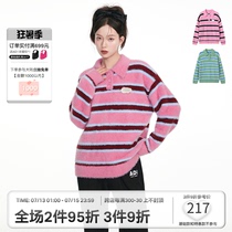 ANDYET AD1 22SS early spring ferro wool Polo collar striped sweater retro Lazy Wind Loose Blouse