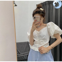 Summer dress female 2019 new net red two-piece Palace style Big V collar short sleeve ruffle shirt Plaid casual