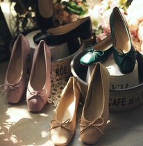 Korean official website milkcocoa sweet girl macaron bow ballet square head mid-heel shoes