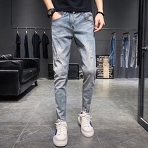 Breaking hole jeans mens Tide brand trend 2021 New straight tube slim nine small feet light color casual long pants men