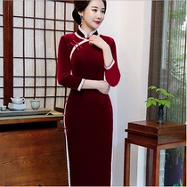 Spring and Autumn womens long-sleeved temperament solid color gold velvet Cheongsam skirt thin lace edge old Shanghai traditional ancient law