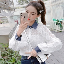 Very fairy coat Joker women Spring and Autumn long sleeve design sense denim shirt stitching lace base shirt