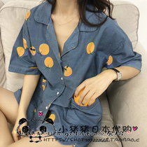 Japanese Cartoon Denim Blue Orange Orange Comfort Pyjamas Comfort Sleeping Suit Womens Shains Wind Thin Family Suit Two Sets