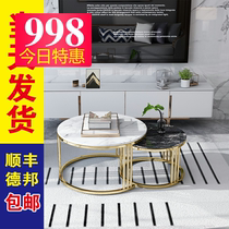 Stainless steel titanium living room small apartment Simple marble round high and low size combination of mother and child coffee table table