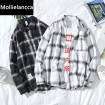 Gangfeng black and white plaid shirt men long sleeve student loose Korean trend couple handsome jacket casual lining