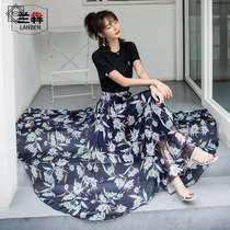 New 2020 Autumn New chiffon skirt silk print Medium-length dress fat mm big swing Beach Skirt