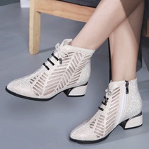 2021 New middle heel rhinestone leather large size womens boots 41 a 43 fashion breathable boots casual mesh shoes