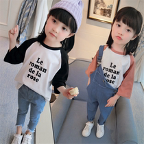 2021 Autumn New Korean girl letter print shoulder sleeve round neck sleeve long sleeve T-shirt childrens shirt