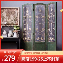 Beautiful French country green retro old solid wood screen partition cafe shop window decoration photography background