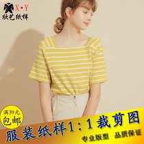 Striped short sleeve blouses paper-like square collar loose t-shirt boilerplate Knitted Cardiovert type Physical cut chart