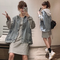 Pregnant woman dress autumn and winter tide mom fashion loose belly cover thin denim dress medium-long socialite temperament