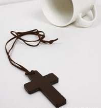 Christian gospel cross Wood leather rope necklace fashion trendy personality DIY jewelry gift sweater chain