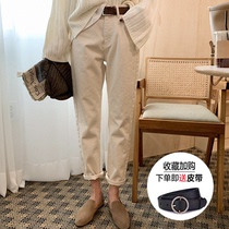 Winter with velvet jeans female thin high radish straight barrel leisure loose rice white high waist Harlan pants