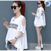  Large size womens fat mm short-sleeved t-shirt womens Korean version 2020 new loose off-shoulder top half-sleeve t-shirt summer
