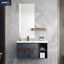  Bathroom modern simple wash basin sink Custom light luxury rock board solid wood bathroom cabinet combination bath mirror